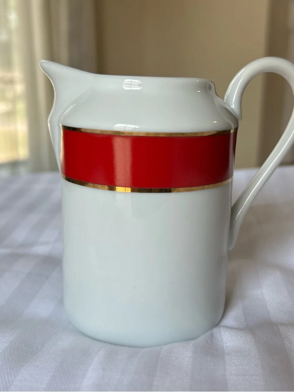 Vintage Red Band Creamer & Covered Sugar Bowl Set White Gold Trim